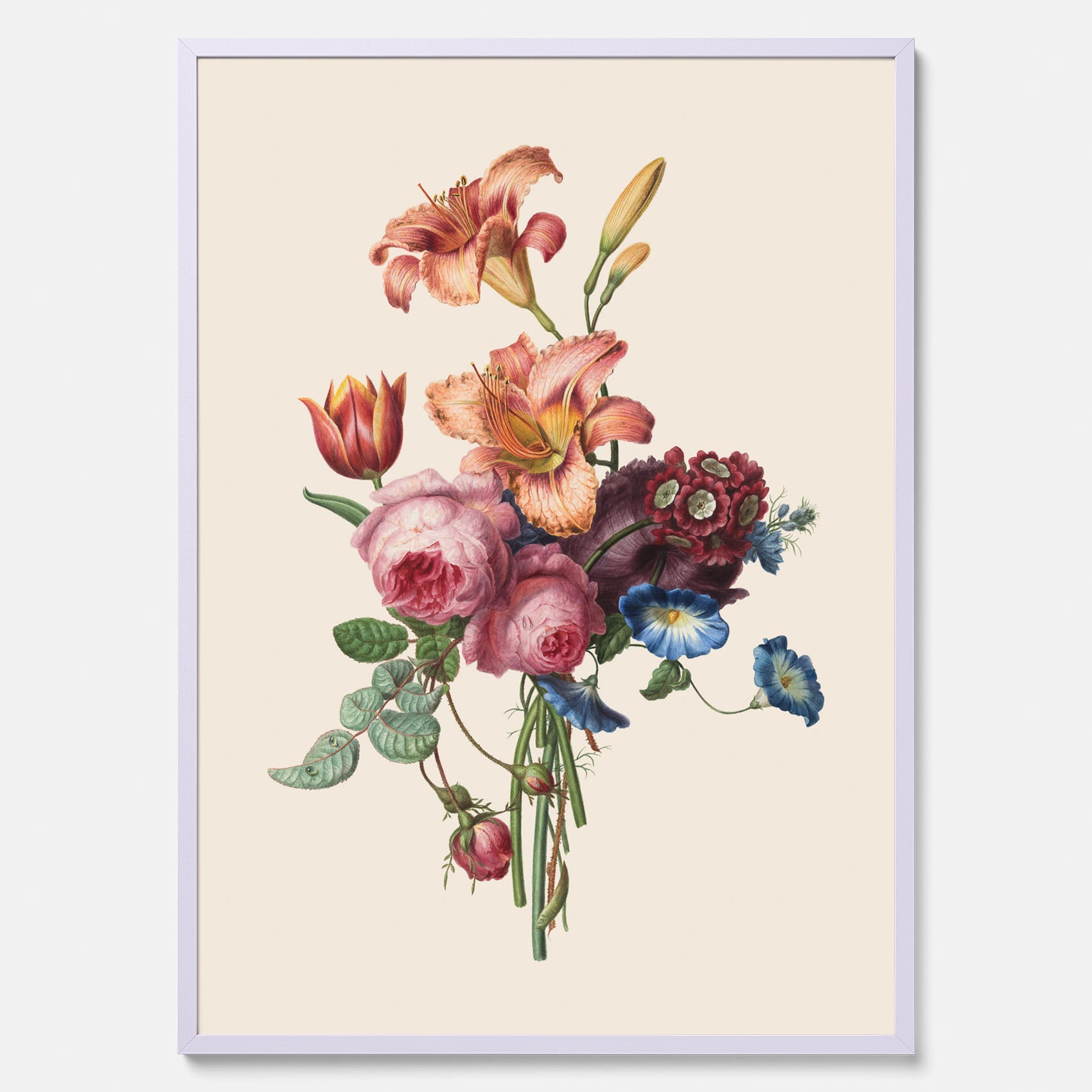 Vintageposter som visar en vacker illustration av en bukett blommor som är skapad av konstnären Henriëtte Geertruida Knip