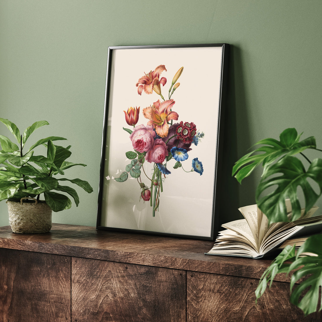 Vintageposter som visar en vacker illustration av en bukett blommor som är skapad av konstnären Henriëtte Geertruida Knip