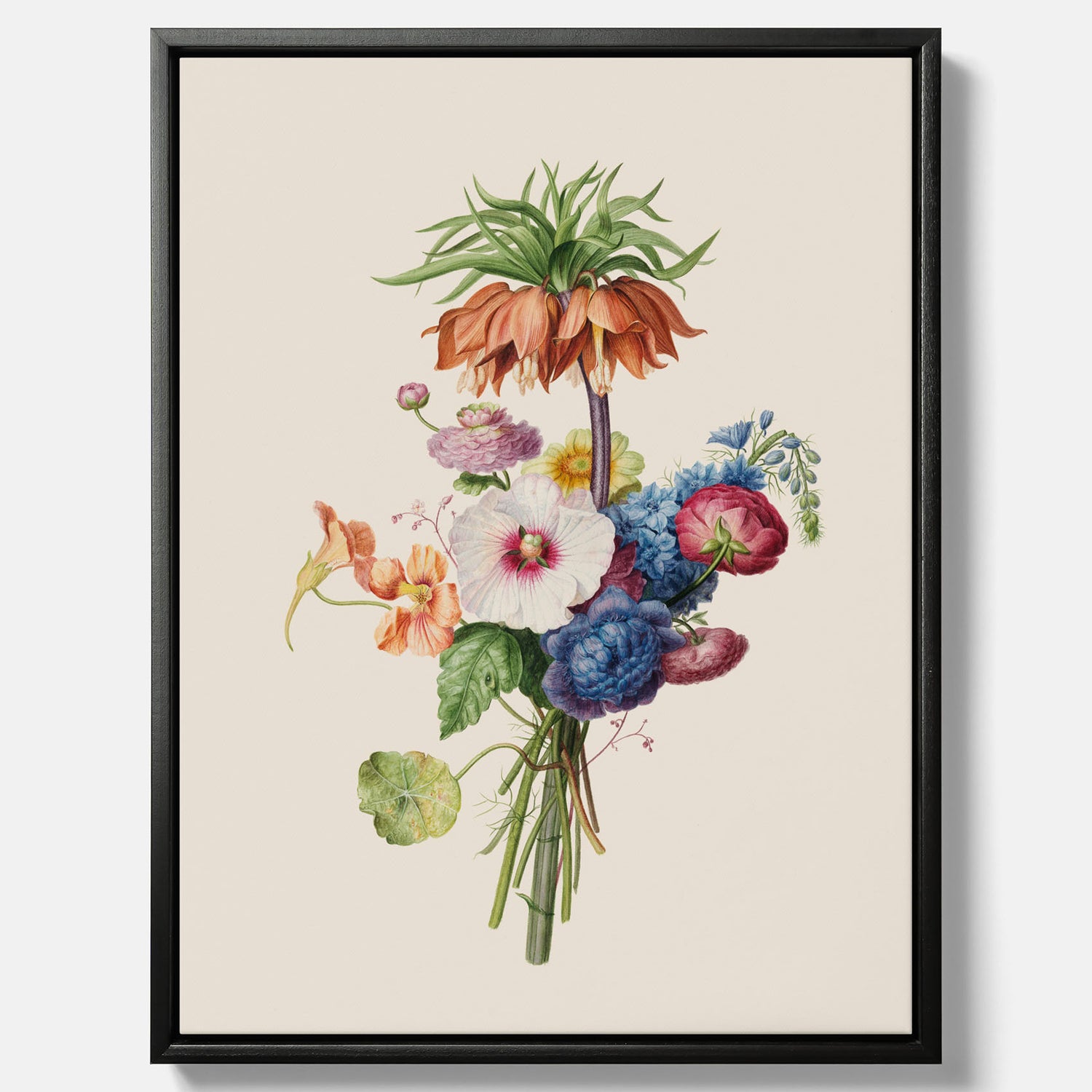 Vintagecanvas som visar en vacker illustration av en bukett blommor, skapad av den nederländska konstnären Henriëtte Geertruida Knip