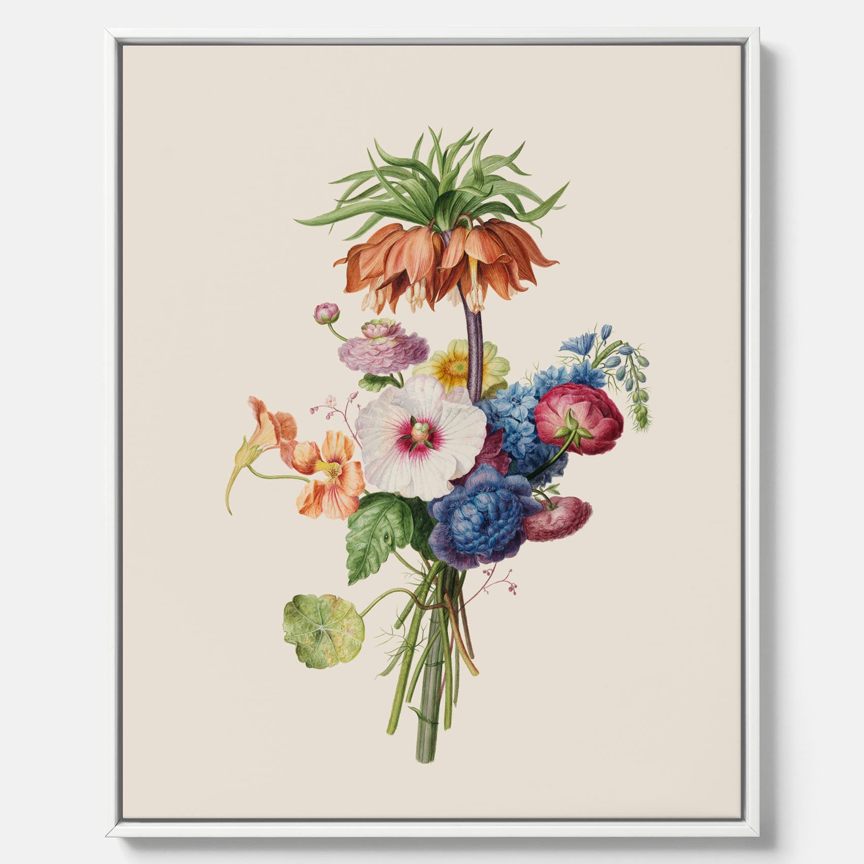Vintagecanvas som visar en vacker illustration av en bukett blommor, skapad av den nederländska konstnären Henriëtte Geertruida Knip