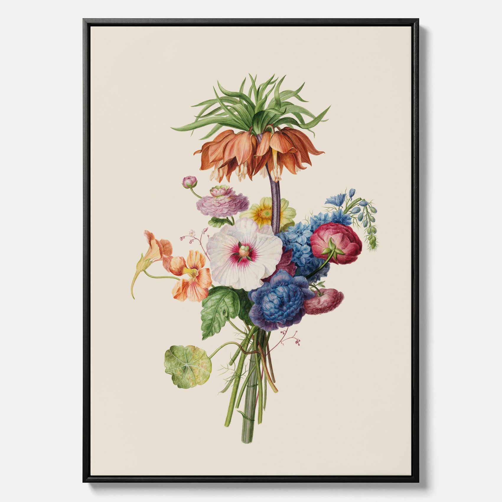 Vintagecanvas som visar en vacker illustration av en bukett blommor, skapad av den nederländska konstnären Henriëtte Geertruida Knip