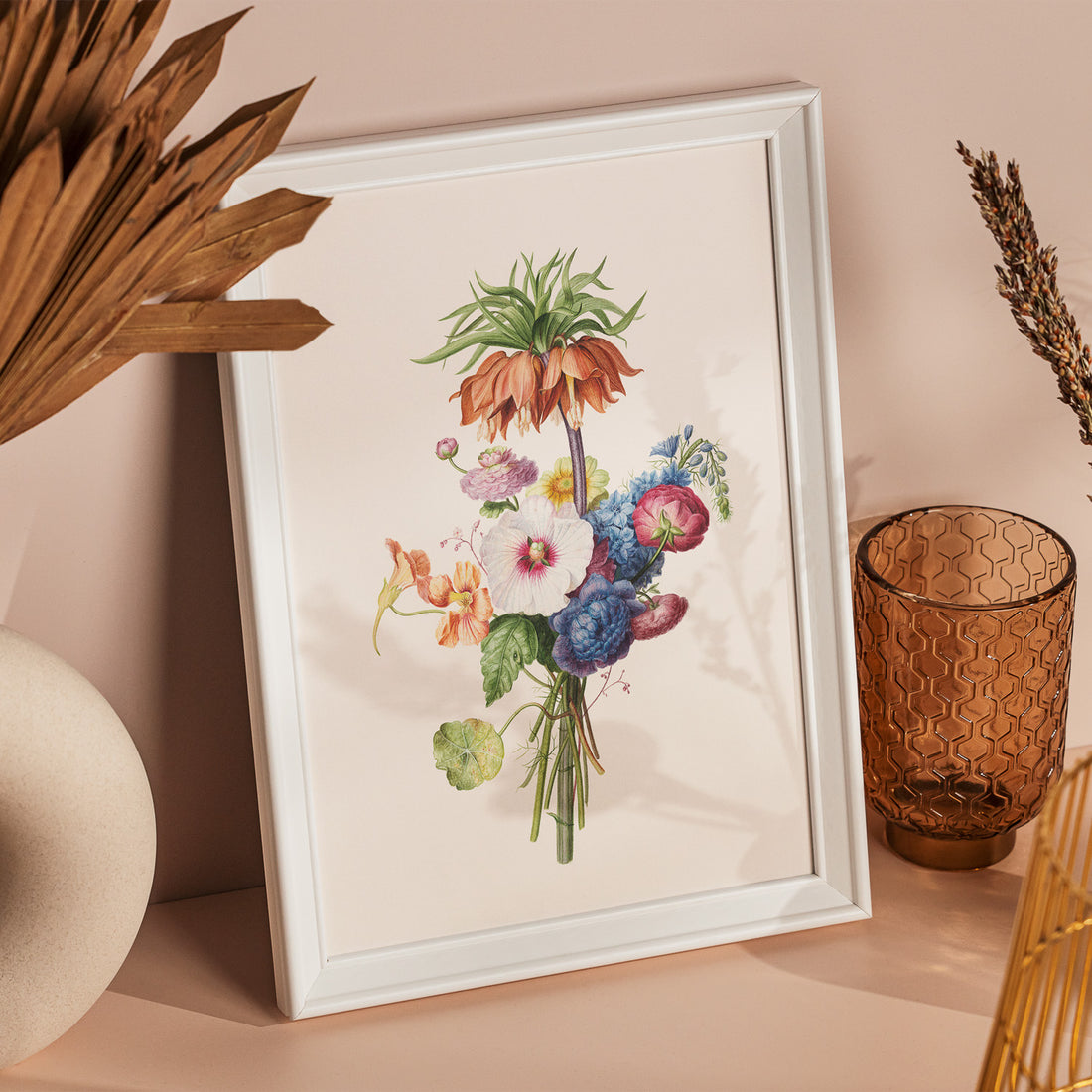 Vintageposter som visar en vacker illustration av en bukett blommor, skapad av den nederländska konstnären Henriëtte Geertruida Knip