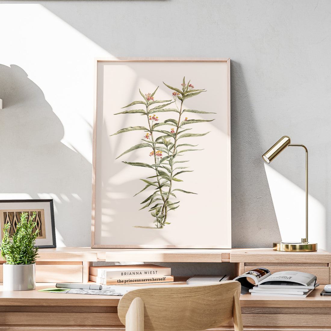 Vintageposter med en botanisk illustration föreställande en röd sidenört